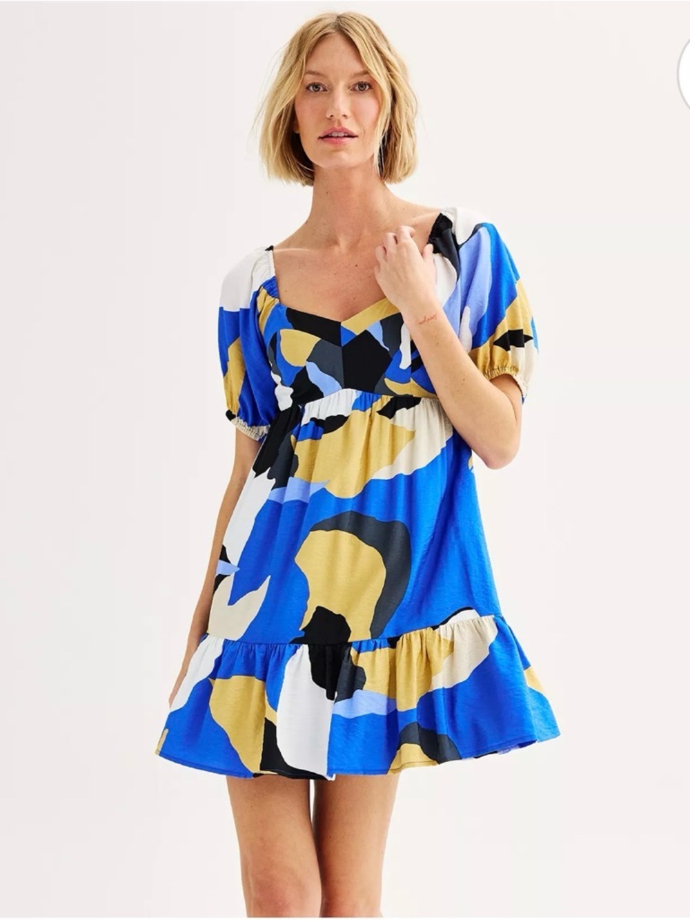 Nine West Blue, White, Blue Abstract Print Babydoll Mini Dress Sz XL
